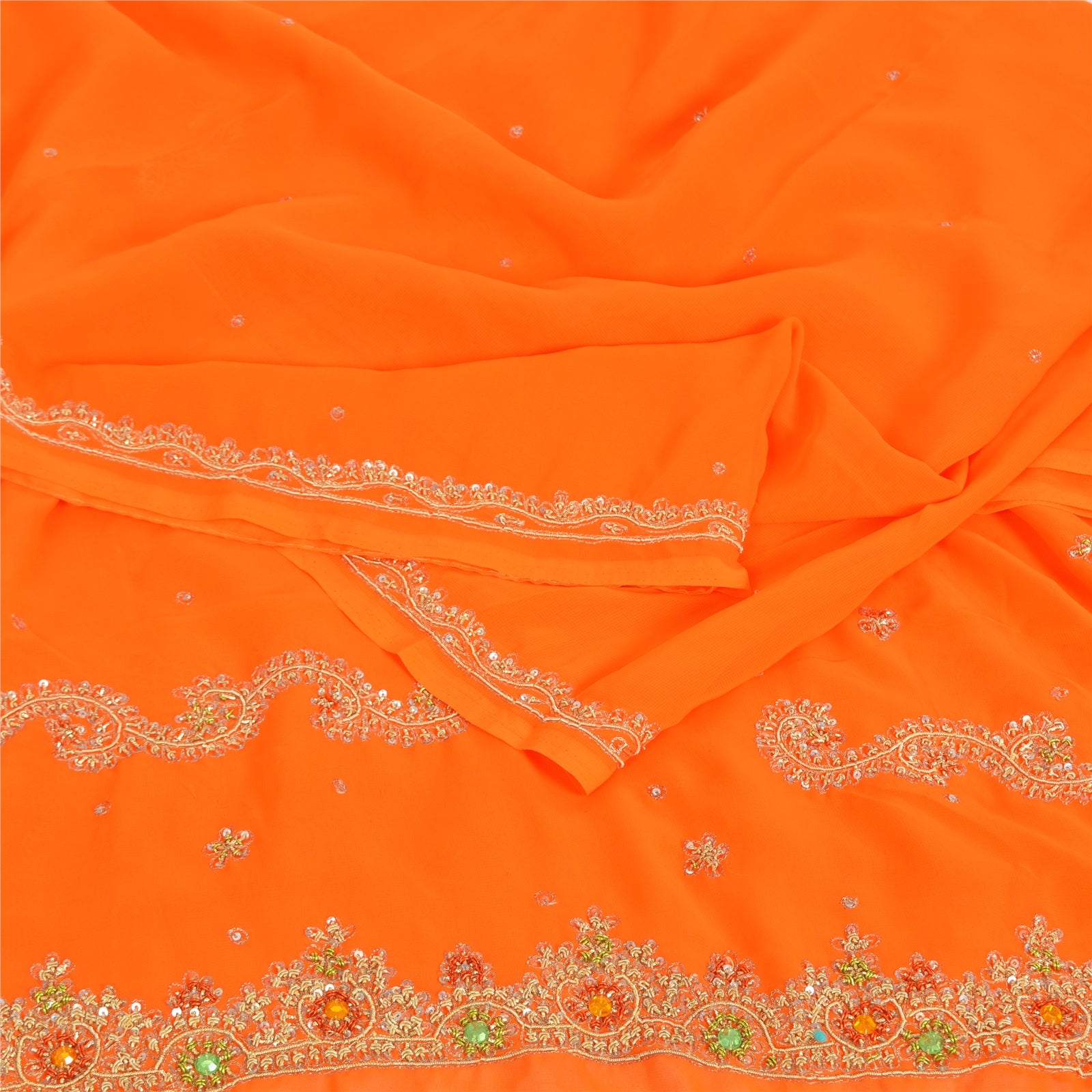 Sanskriti Vintage Orange Sarees Georgette Hand Beaded Craft Fabric Premium Sari