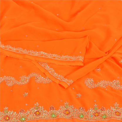 Sanskriti Vintage Orange Sarees Georgette Hand Beaded Craft Fabric Premium Sari