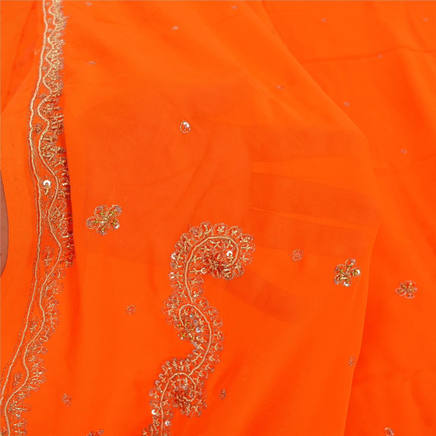 Sanskriti Vintage Orange Sarees Georgette Hand Beaded Craft Fabric Premium Sari