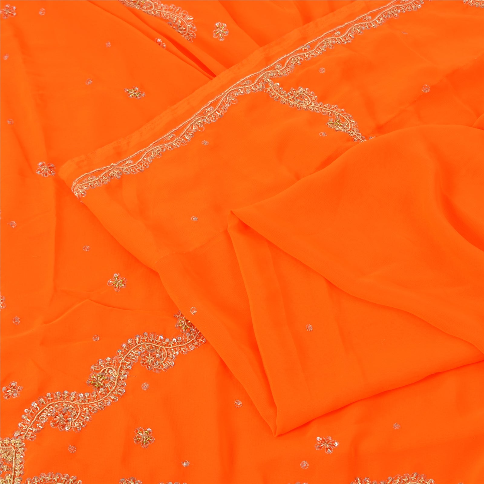 Sanskriti Vintage Orange Sarees Georgette Hand Beaded Craft Fabric Premium Sari