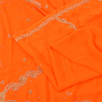 Sanskriti Vintage Orange Sarees Georgette Hand Beaded Craft Fabric Premium Sari