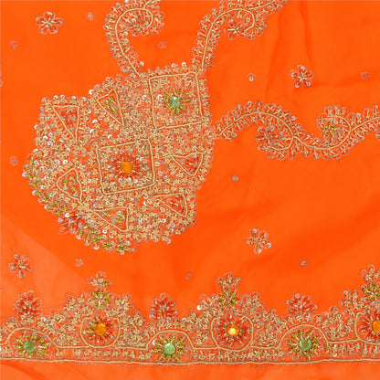 Sanskriti Vintage Orange Sarees Georgette Hand Beaded Craft Fabric Premium Sari