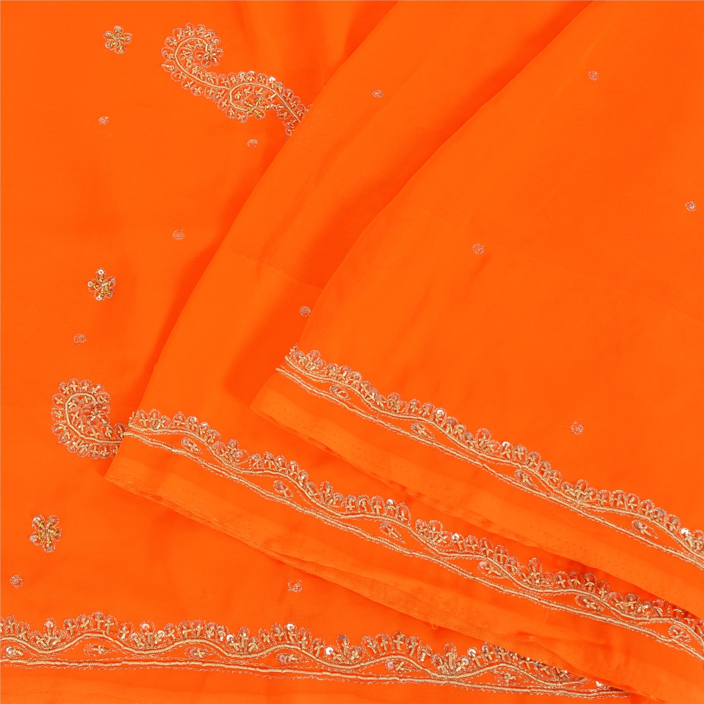 Sanskriti Vintage Orange Sarees Georgette Hand Beaded Craft Fabric Premium Sari