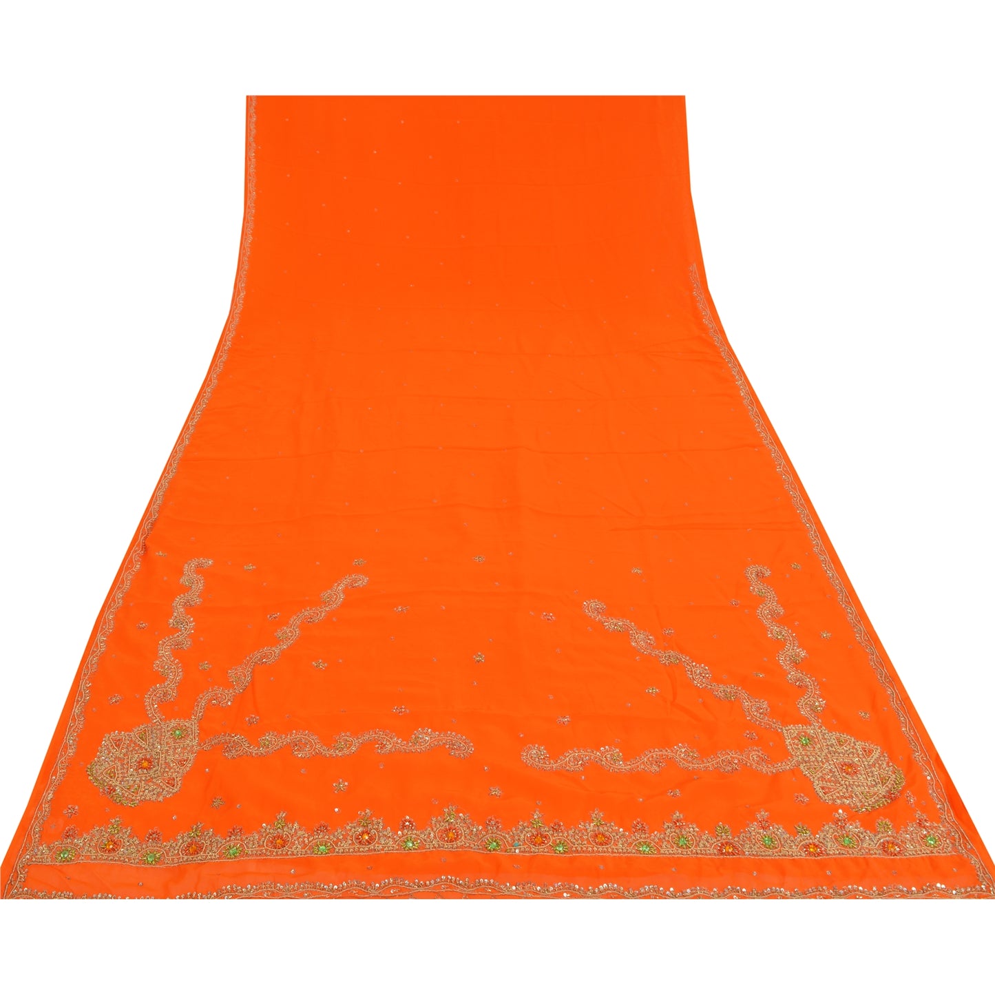 Sanskriti Vintage Orange Sarees Georgette Hand Beaded Craft Fabric Premium Sari