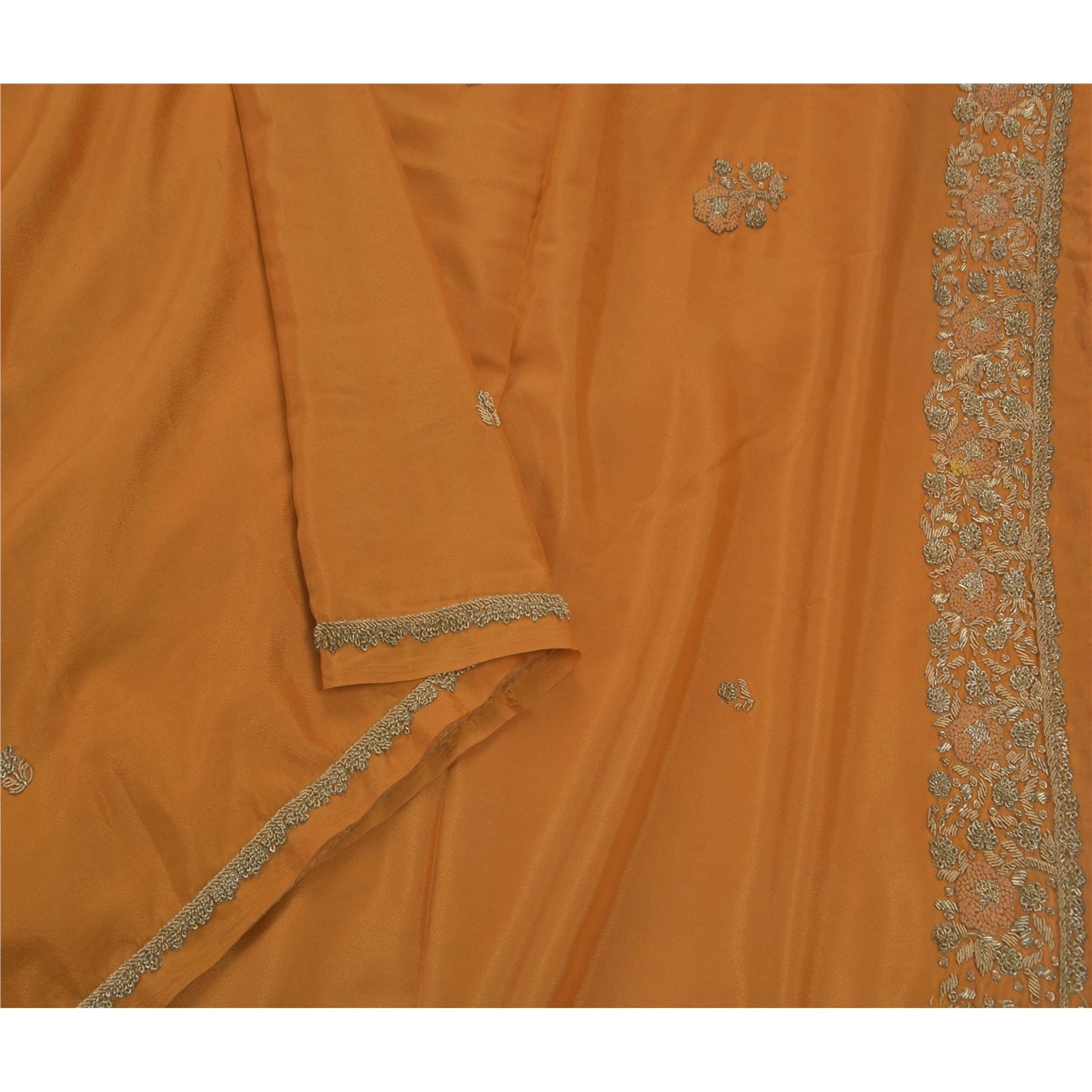 Sanskriti Vintage Indian Saree Art Silk Hand Embroidery Orange Sustainable Fabric Zari Sari