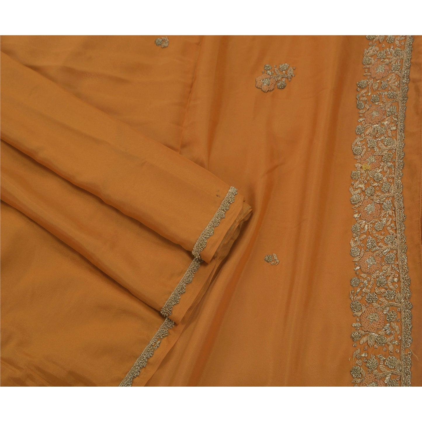 Sanskriti Vintage Indian Saree Art Silk Hand Embroidery Orange Sustainable Fabric Zari Sari