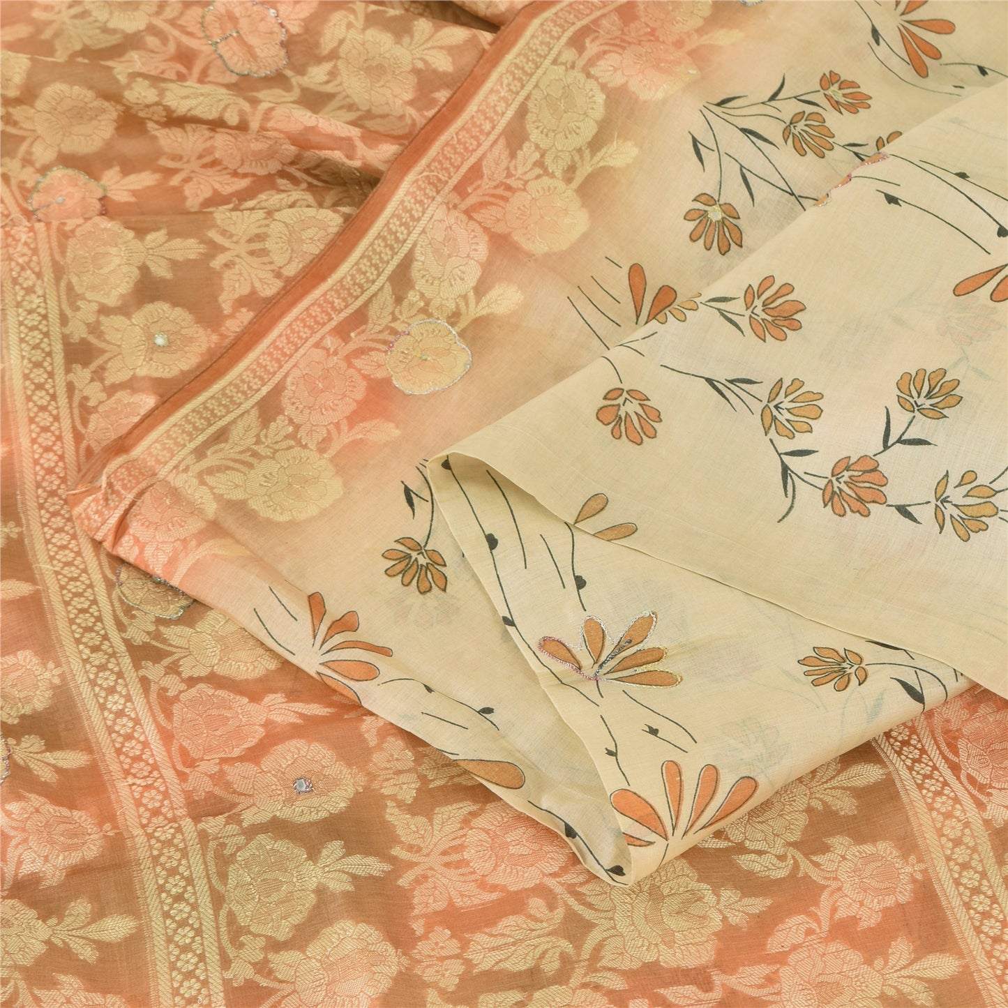 Sanskriti Vintage Peach Sarees Pure Silk Hand Beaded Woven Premium Sari Fabric