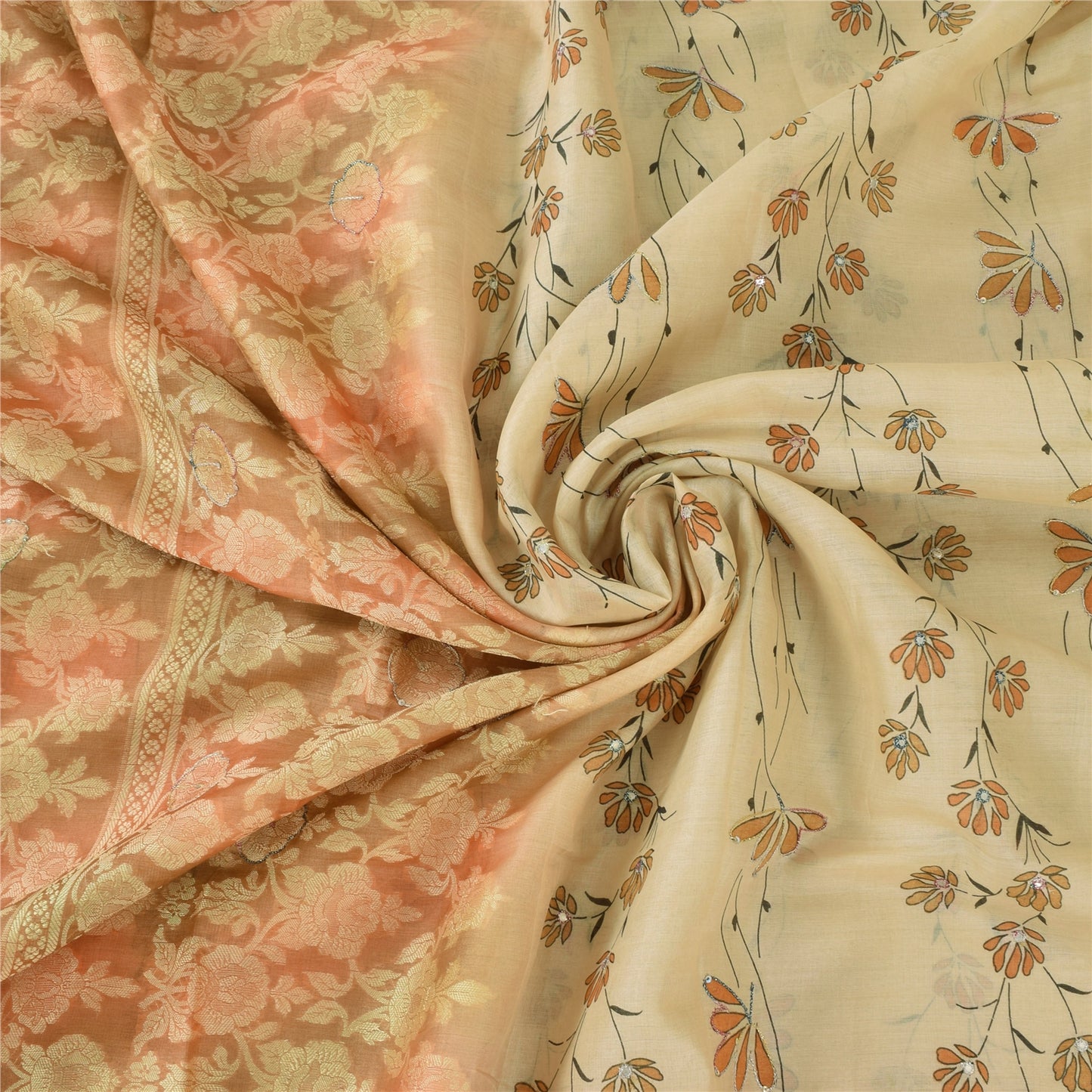 Sanskriti Vintage Peach Sarees Pure Silk Hand Beaded Woven Premium Sari Fabric