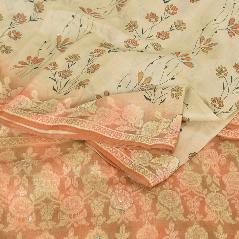 Sanskriti Vintage Peach Sarees Pure Silk Hand Beaded Woven Premium Sari Fabric