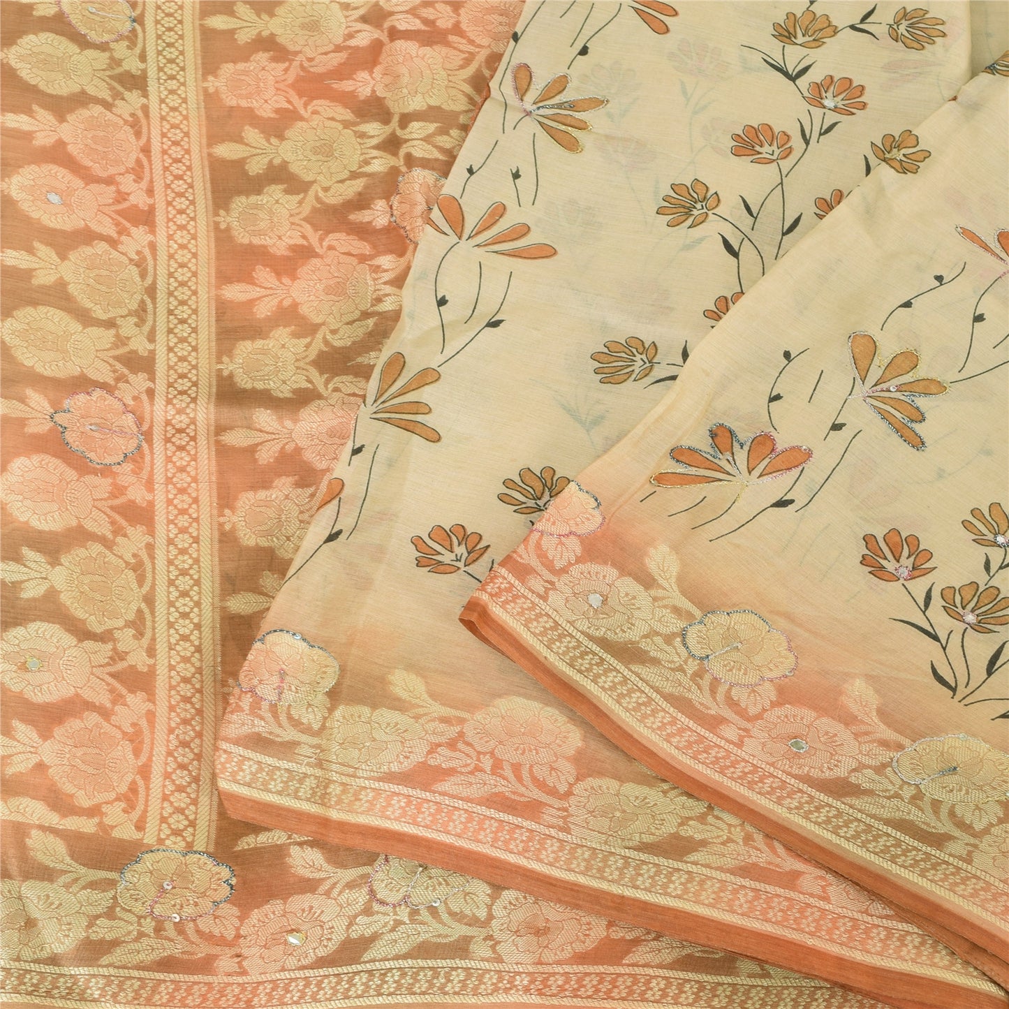 Sanskriti Vintage Peach Sarees Pure Silk Hand Beaded Woven Premium Sari Fabric
