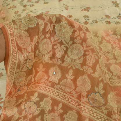 Sanskriti Vintage Peach Sarees Pure Silk Hand Beaded Woven Premium Sari Fabric