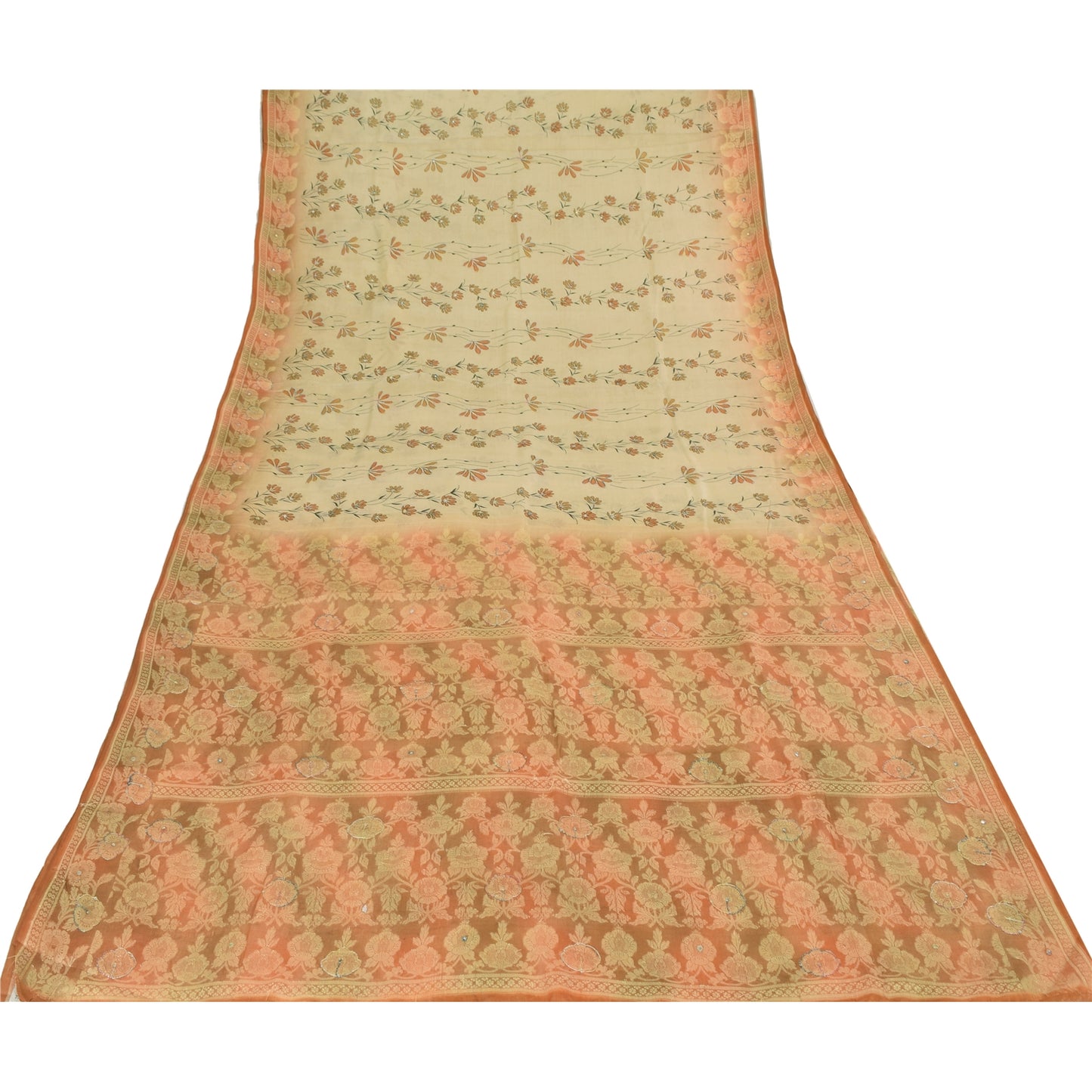 Sanskriti Vintage Peach Sarees Pure Silk Hand Beaded Woven Premium Sari Fabric