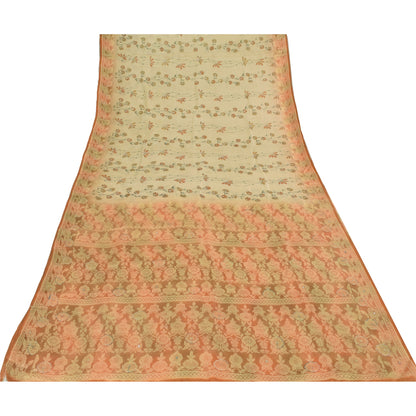 Sanskriti Vintage Peach Sarees Pure Silk Hand Beaded Woven Premium Sari Fabric