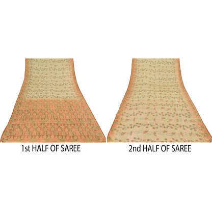 Sanskriti Vintage Peach Sarees Pure Silk Hand Beaded Woven Premium Sari Fabric