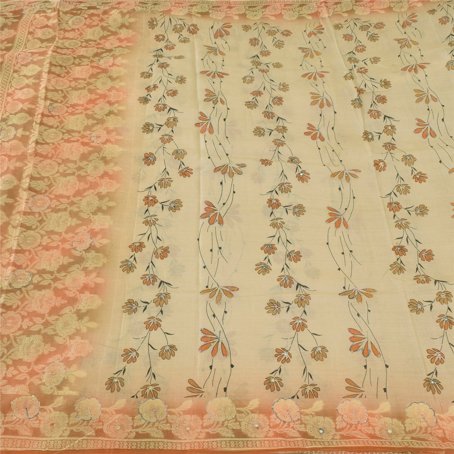 Sanskriti Vintage Peach Sarees Pure Silk Hand Beaded Woven Premium Sari Fabric