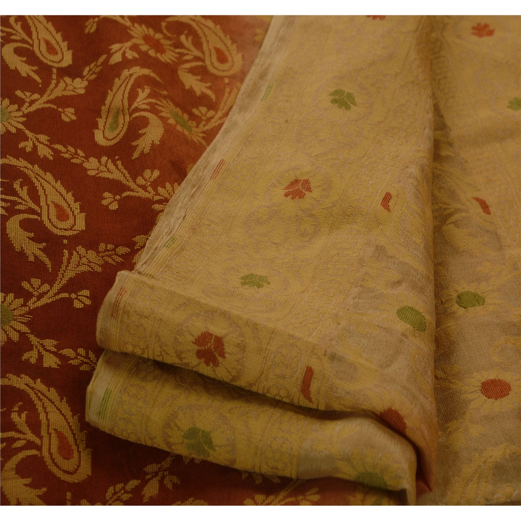 Sanskriti Vintage Sarees 100% Pure Silk Brown Woven Craft 5 Yard Fabric Sari