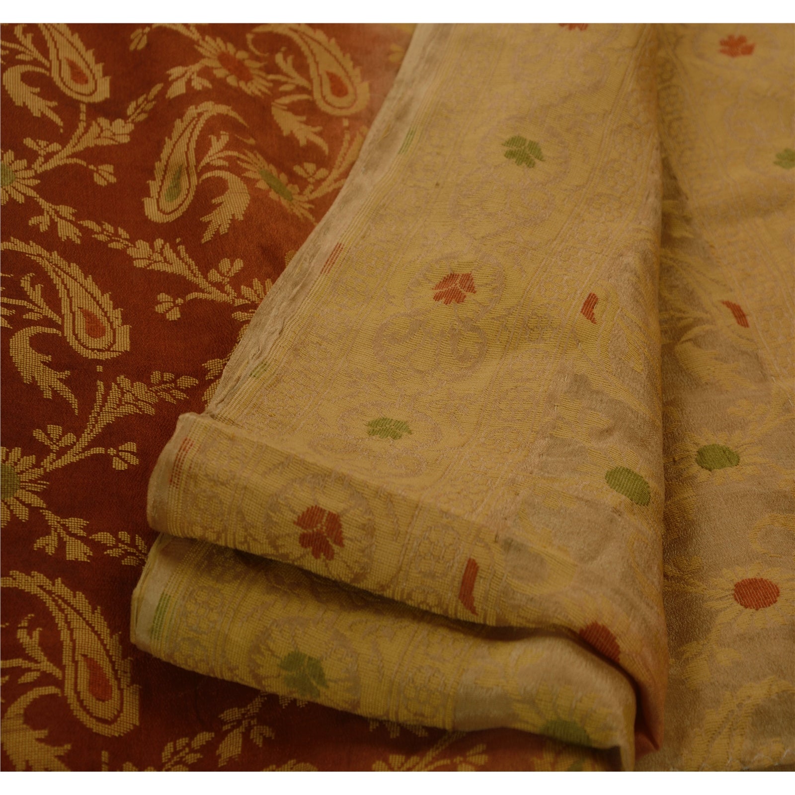 Sanskriti Vintage Sarees 100% Pure Silk Brown Woven Craft 5 Yard Fabric Sari