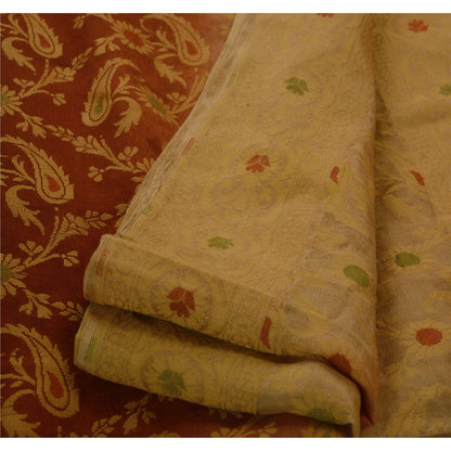 Sanskriti Vintage Sari 100% Pure Silk Brown Floral Woven Sarees Craft 5 Yard Fabric Add-Elegance to Table Linen, Curtains, or Cushions