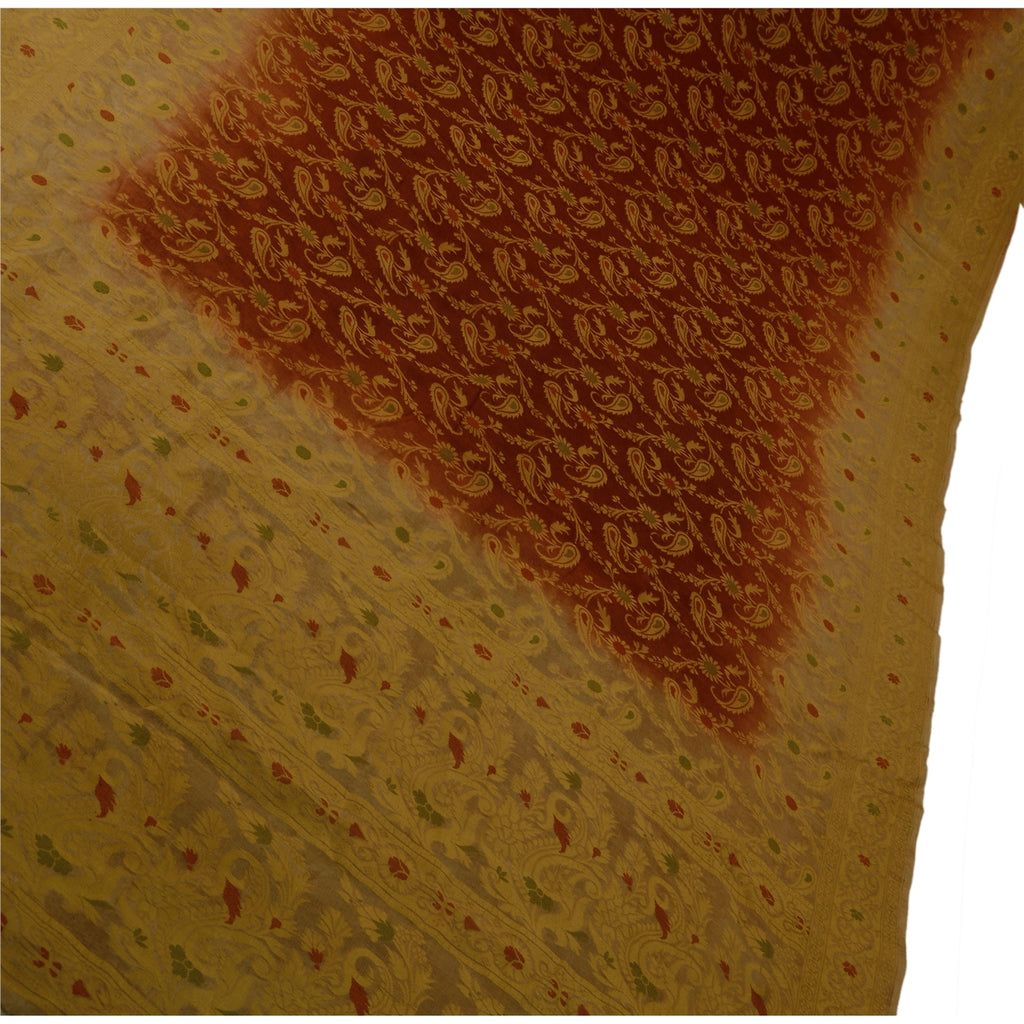 Sanskriti Vintage Sarees 100% Pure Silk Brown Woven Craft 5 Yard Fabric Sari