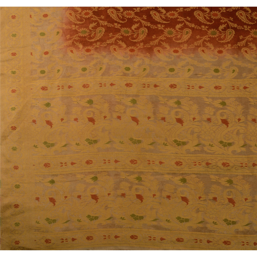 Sanskriti Vintage Sarees 100% Pure Silk Brown Woven Craft 5 Yard Fabric Sari