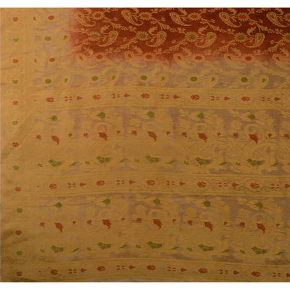 Sanskriti Vintage Sari 100% Pure Silk Brown Floral Woven Sarees Craft 5 Yard Fabric Add-Elegance to Table Linen, Curtains, or Cushions