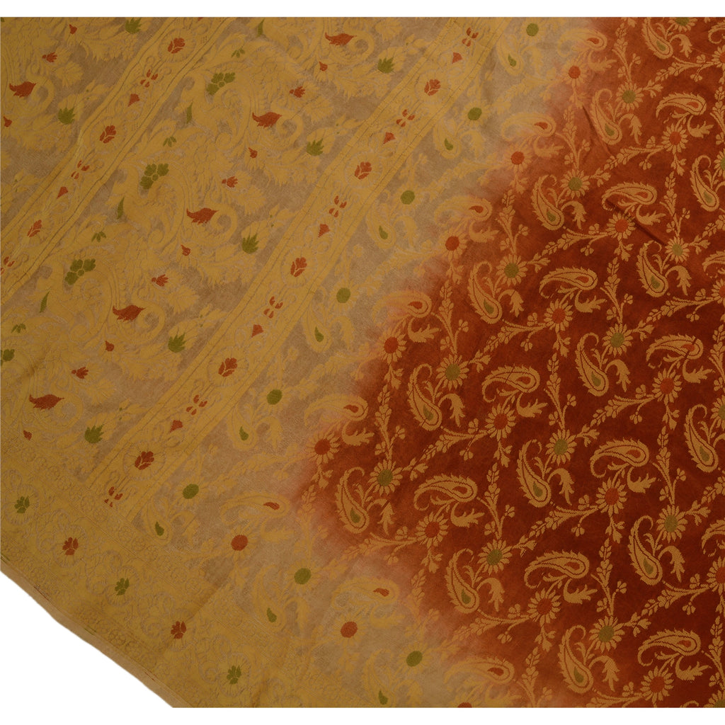 Sanskriti Vintage Sarees 100% Pure Silk Brown Woven Craft 5 Yard Fabric Sari