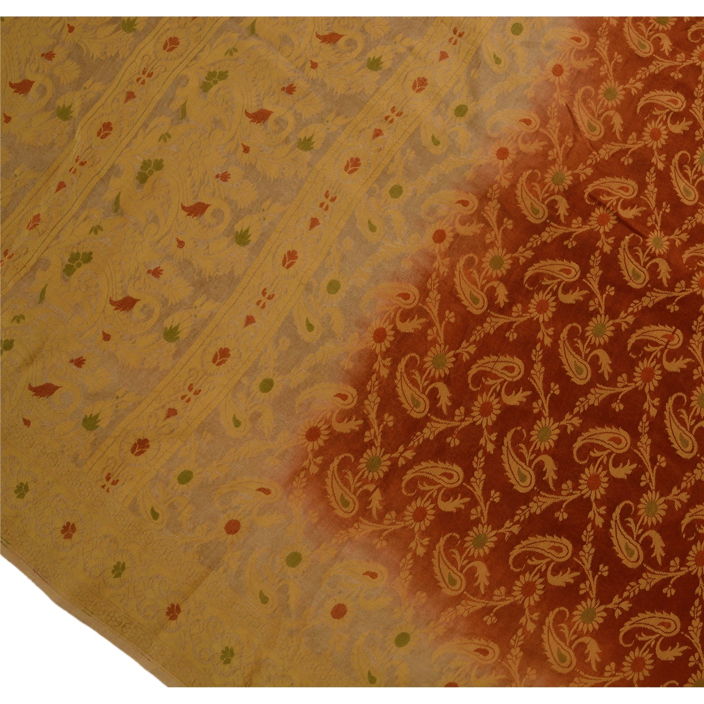 Sanskriti Vintage Sari 100% Pure Silk Brown Floral Woven Sarees Craft 5 Yard Fabric Add-Elegance to Table Linen, Curtains, or Cushions