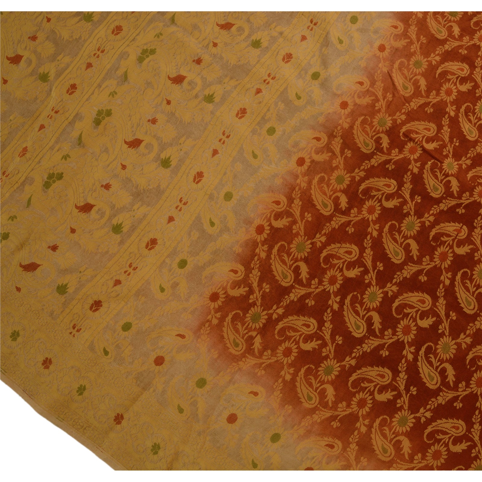 Sanskriti Vintage Sarees 100% Pure Silk Brown Woven Craft 5 Yard Fabric Sari