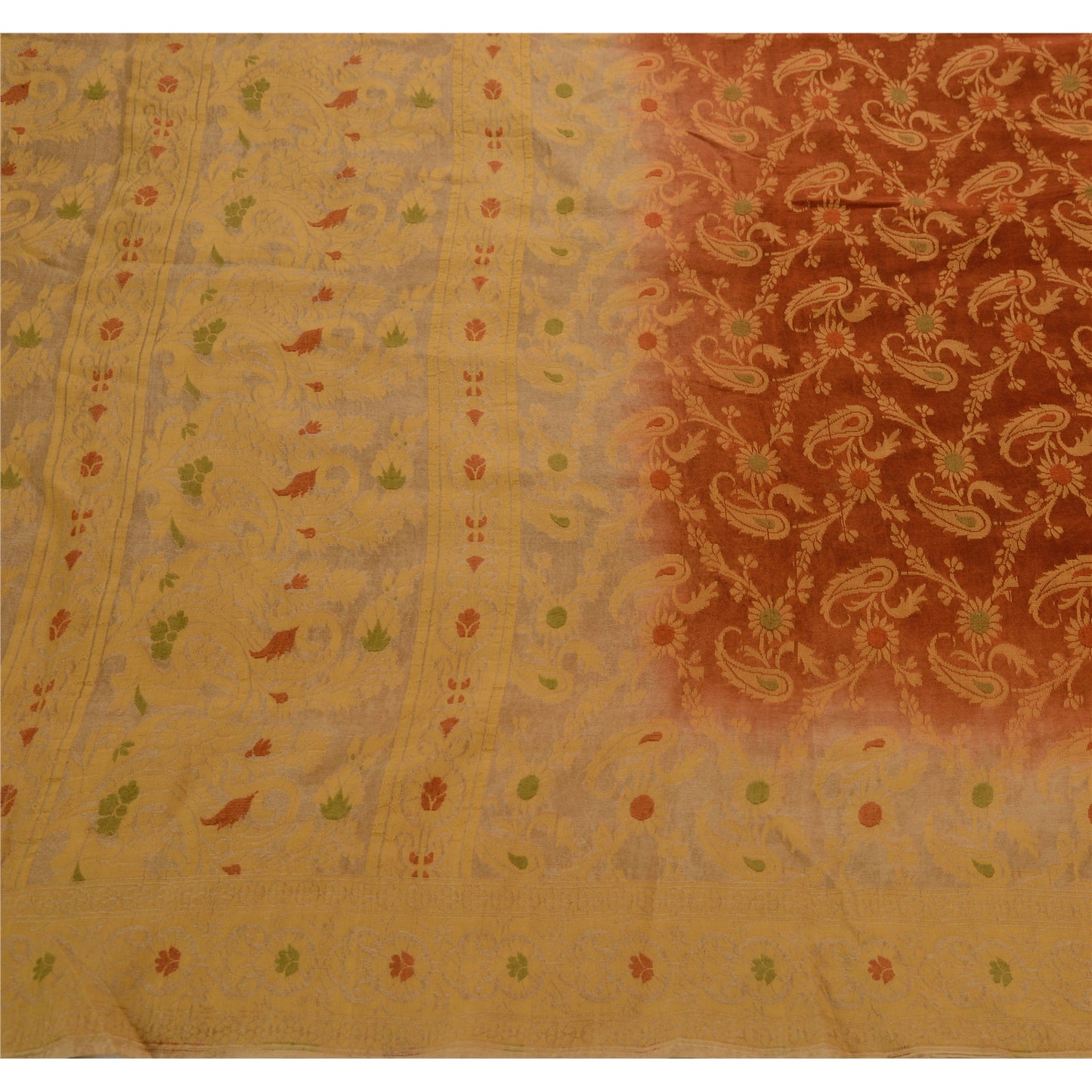 Sanskriti Vintage Sari 100% Pure Silk Brown Floral Woven Sarees Craft 5 Yard Fabric Add-Elegance to Table Linen, Curtains, or Cushions