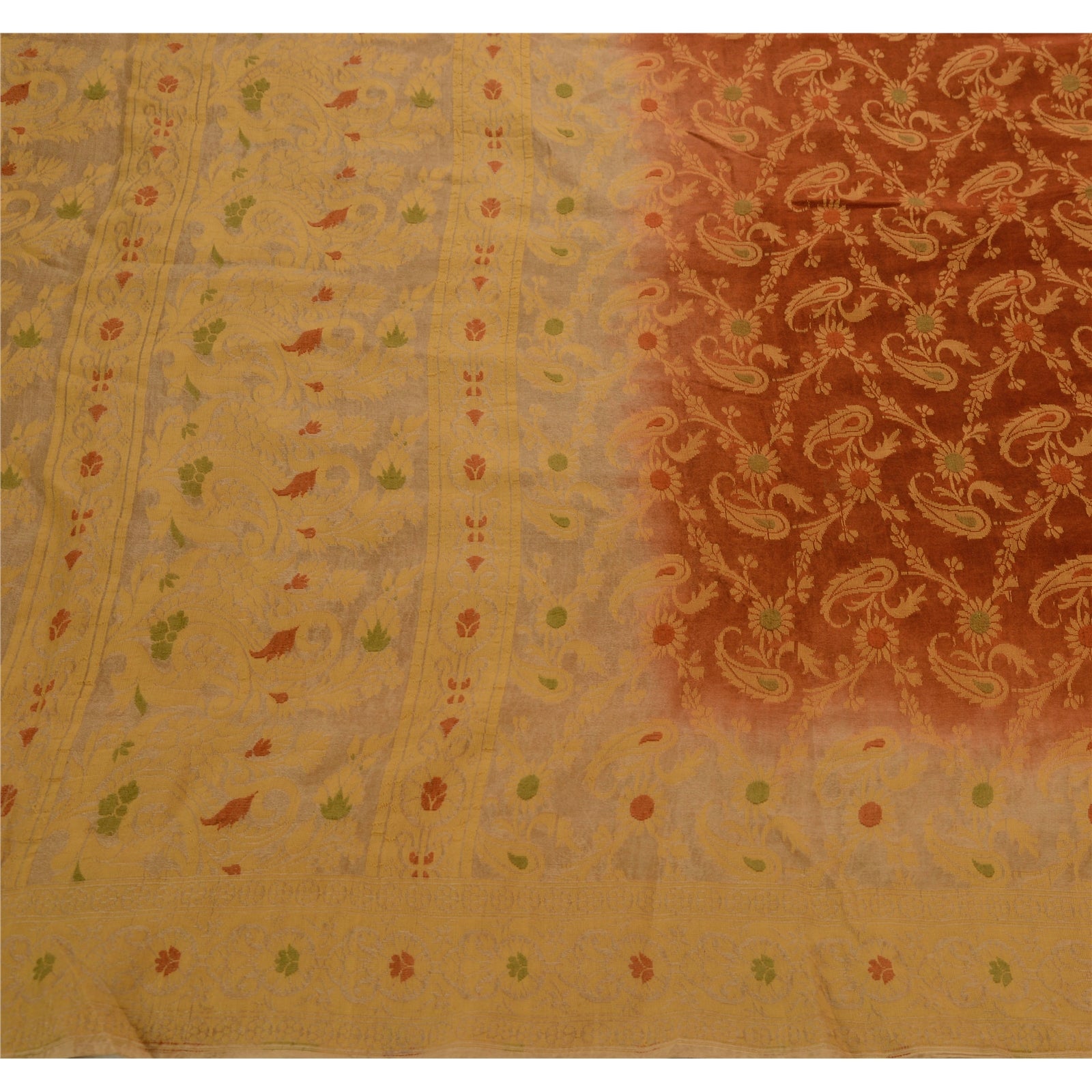 Sanskriti Vintage Sarees 100% Pure Silk Brown Woven Craft 5 Yard Fabric Sari