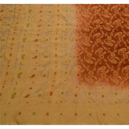 Sanskriti Vintage Sari 100% Pure Silk Brown Floral Woven Sarees Craft 5 Yard Fabric Add-Elegance to Table Linen, Curtains, or Cushions
