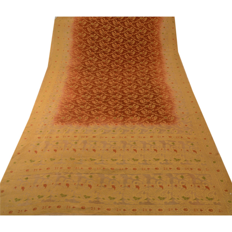 Sanskriti Vintage Sari 100% Pure Silk Brown Floral Woven Sarees Craft 5 Yard Fabric Add-Elegance to Table Linen, Curtains, or Cushions