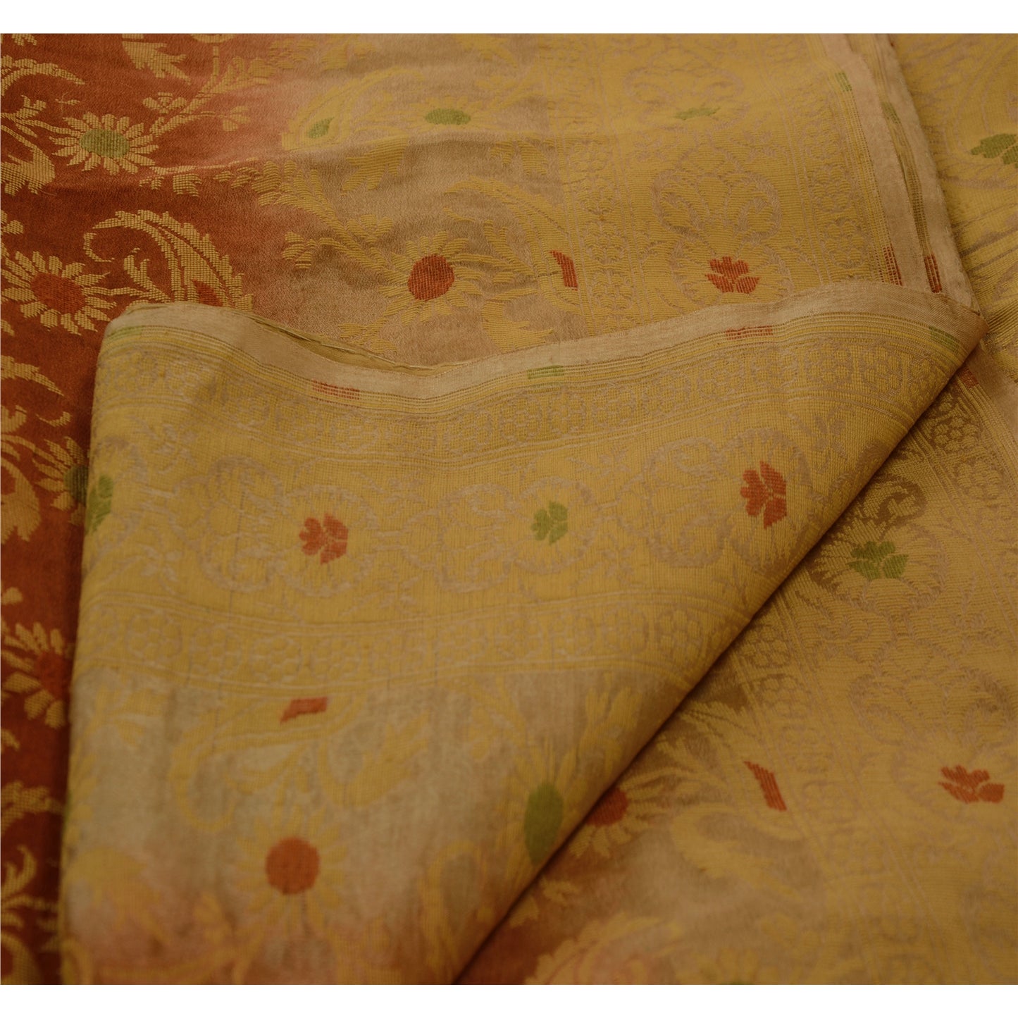 Sanskriti Vintage Sari 100% Pure Silk Brown Floral Woven Sarees Craft 5 Yard Fabric Add-Elegance to Table Linen, Curtains, or Cushions