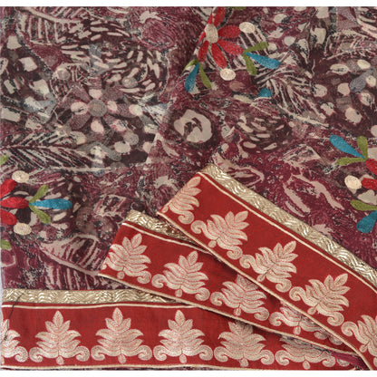 Sanskriti Vintage Purple Sarees Net Mesh Hand Embroidered Craft Fabric 5yrd Sari