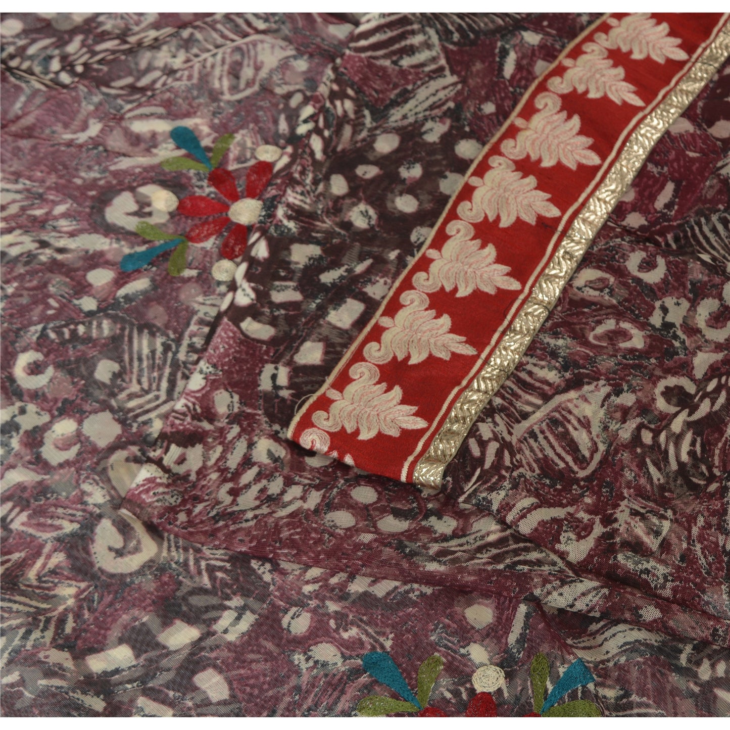 Sanskriti Vintage Purple Sarees Net Mesh Hand Embroidered Craft Fabric 5yrd Sari
