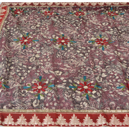 Sanskriti Vintage Purple Sarees Net Mesh Hand Embroidered Craft Fabric 5yrd Sari