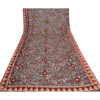 Sanskriti Vintage Purple Sarees Net Mesh Hand Embroidered Craft Fabric 5yrd Sari