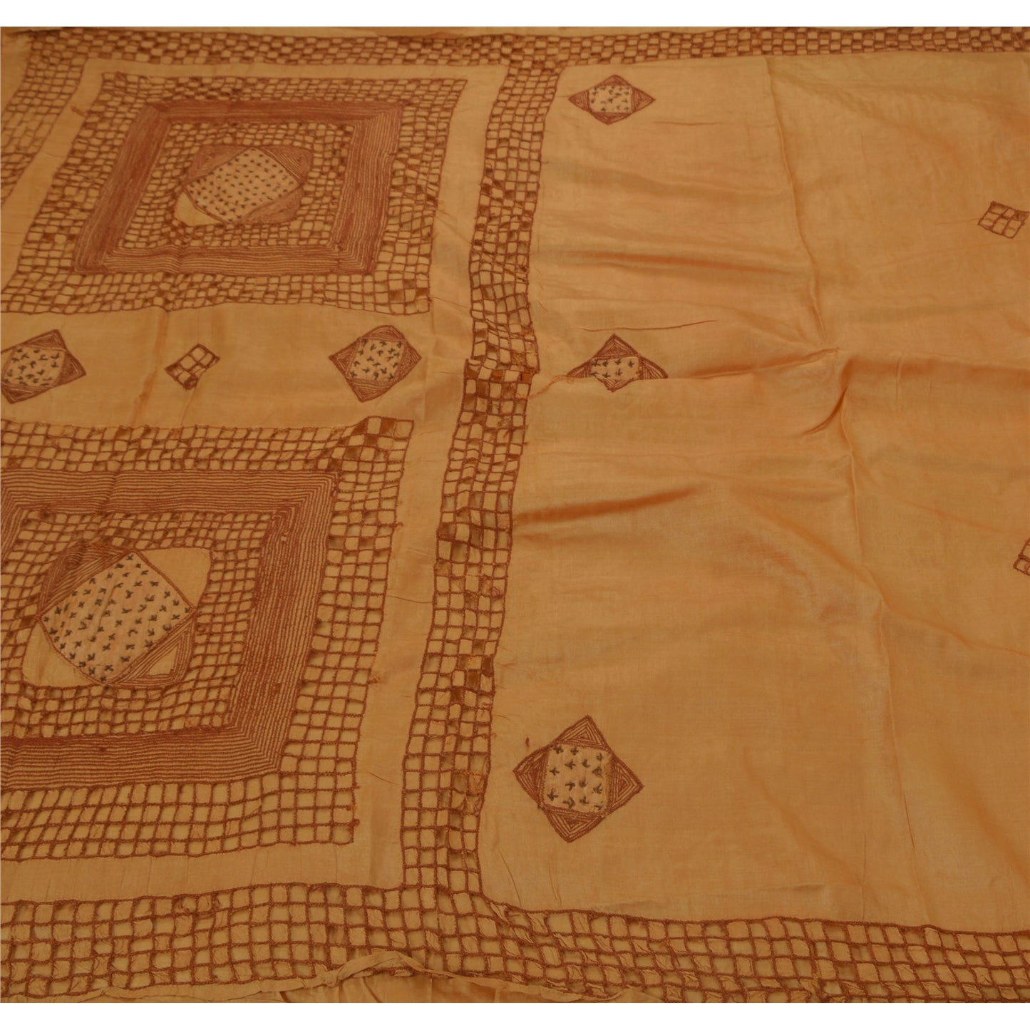 Sanskriti Vintage Brown Sarees 100% Pure Silk Hand Embroidered Craft Fabric Sari