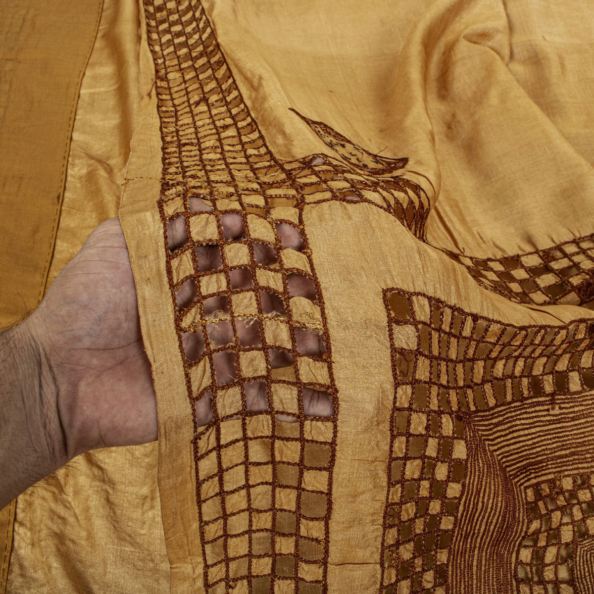 Sanskriti Vintage Hand Embroidered 100% Pure Silk Saree Beige Sari Craft Fabric