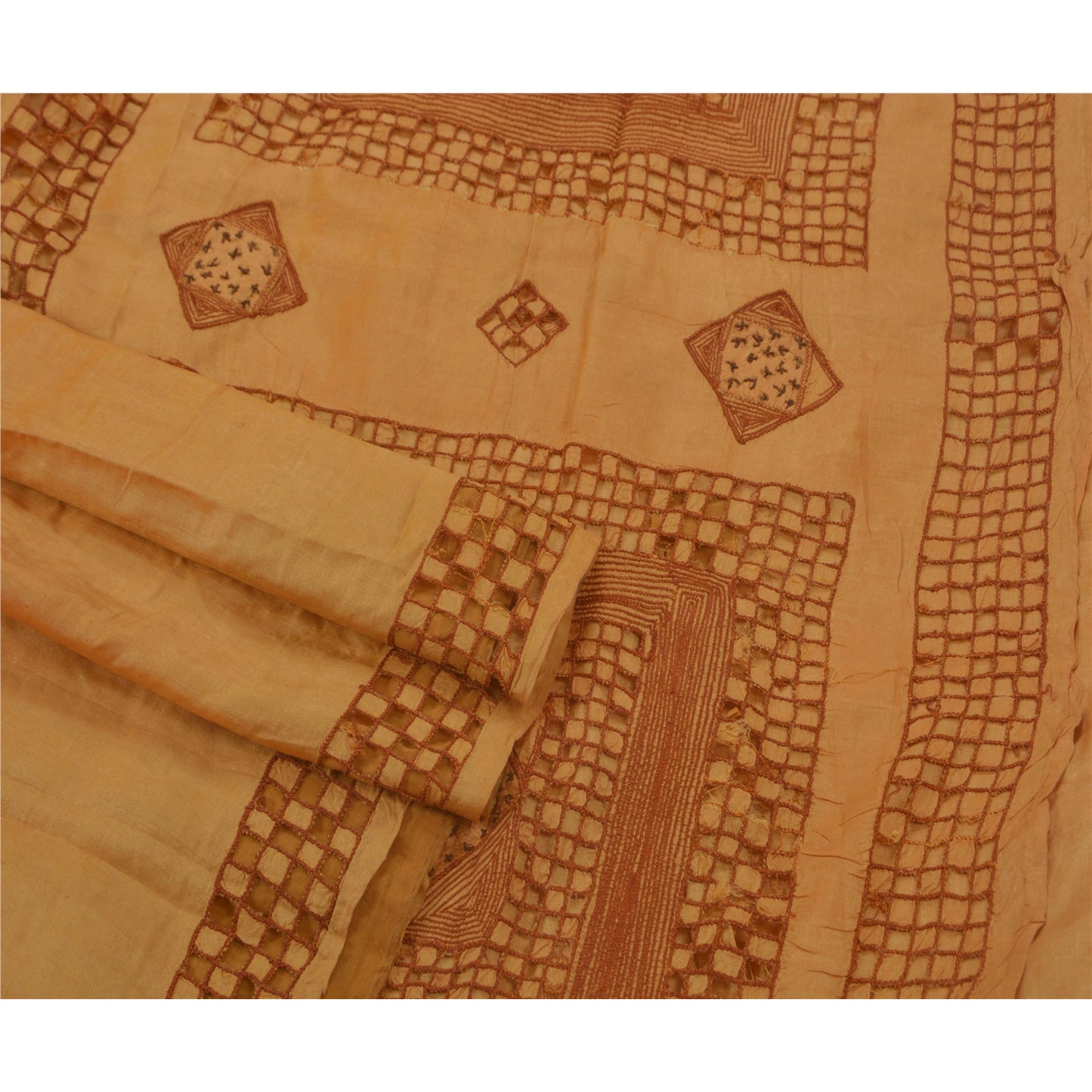 Sanskriti Vintage Brown Sarees 100% Pure Silk Hand Embroidered Craft Fabric Sari