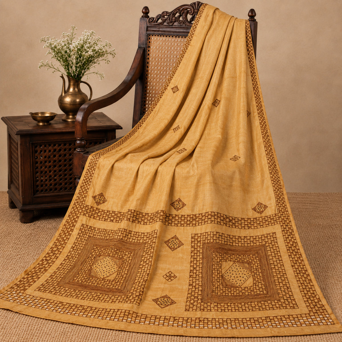 Sanskriti Vintage Hand Embroidered 100% Pure Silk Saree Beige Sari Craft Fabric