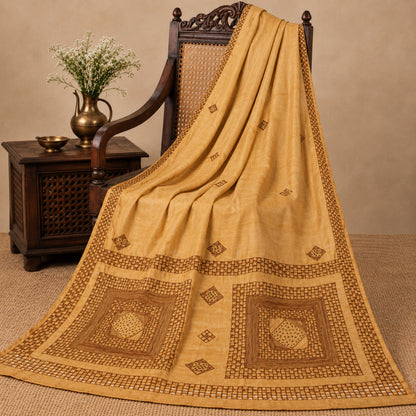 Sanskriti Vintage Hand Embroidered 100% Pure Silk Saree Beige Sari Craft Fabric
