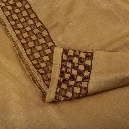 Sanskriti Vintage Hand Embroidered 100% Pure Silk Saree Beige Sari Craft Fabric