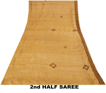 Sanskriti Vintage Hand Embroidered 100% Pure Silk Saree Beige Sari Craft Fabric