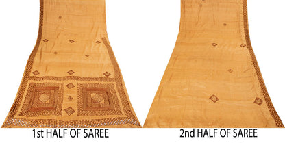 Sanskriti Vintage Hand Embroidered 100% Pure Silk Saree Beige Sari Craft Fabric