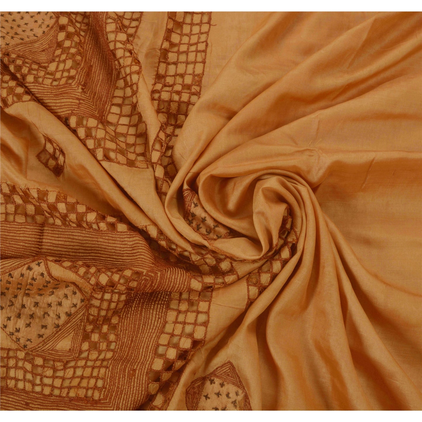 Sanskriti Vintage Brown Sarees 100% Pure Silk Hand Embroidered Craft Fabric Sari