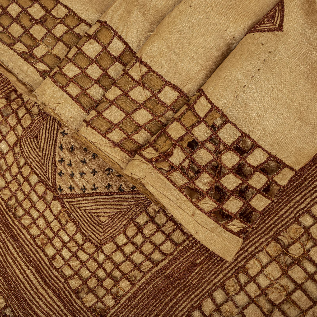 Sanskriti Vintage Hand Embroidered 100% Pure Silk Saree Beige Sari Craft Fabric