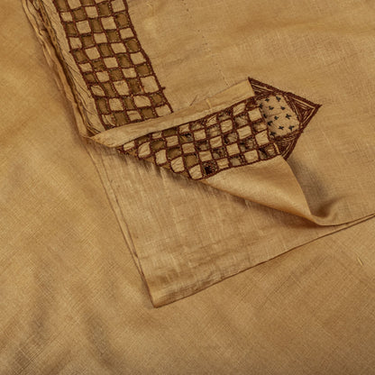 Sanskriti Vintage Hand Embroidered 100% Pure Silk Saree Beige Sari Craft Fabric