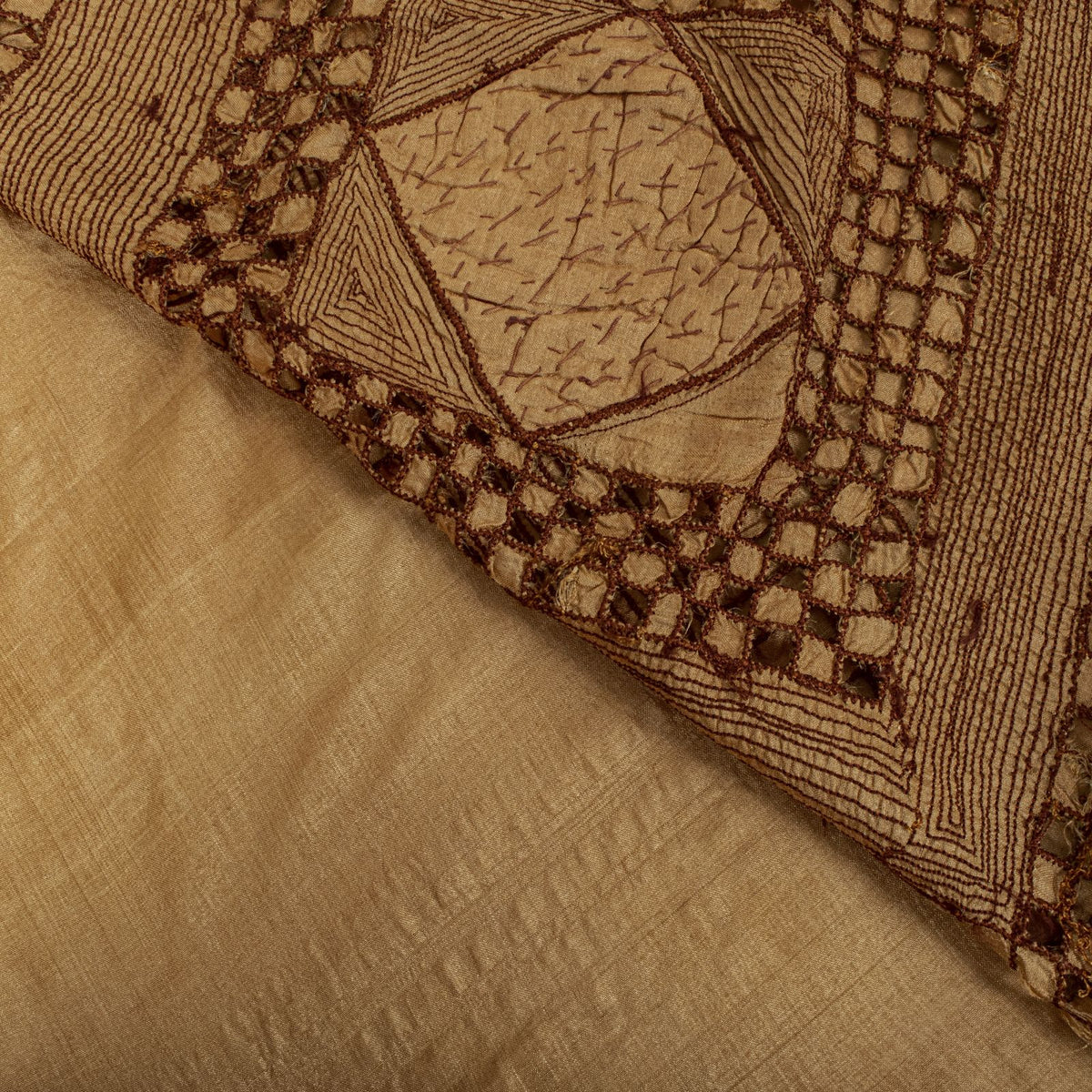 Sanskriti Vintage Hand Embroidered 100% Pure Silk Saree Beige Sari Craft Fabric