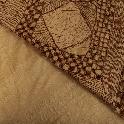 Sanskriti Vintage Hand Embroidered 100% Pure Silk Saree Beige Sari Craft Fabric